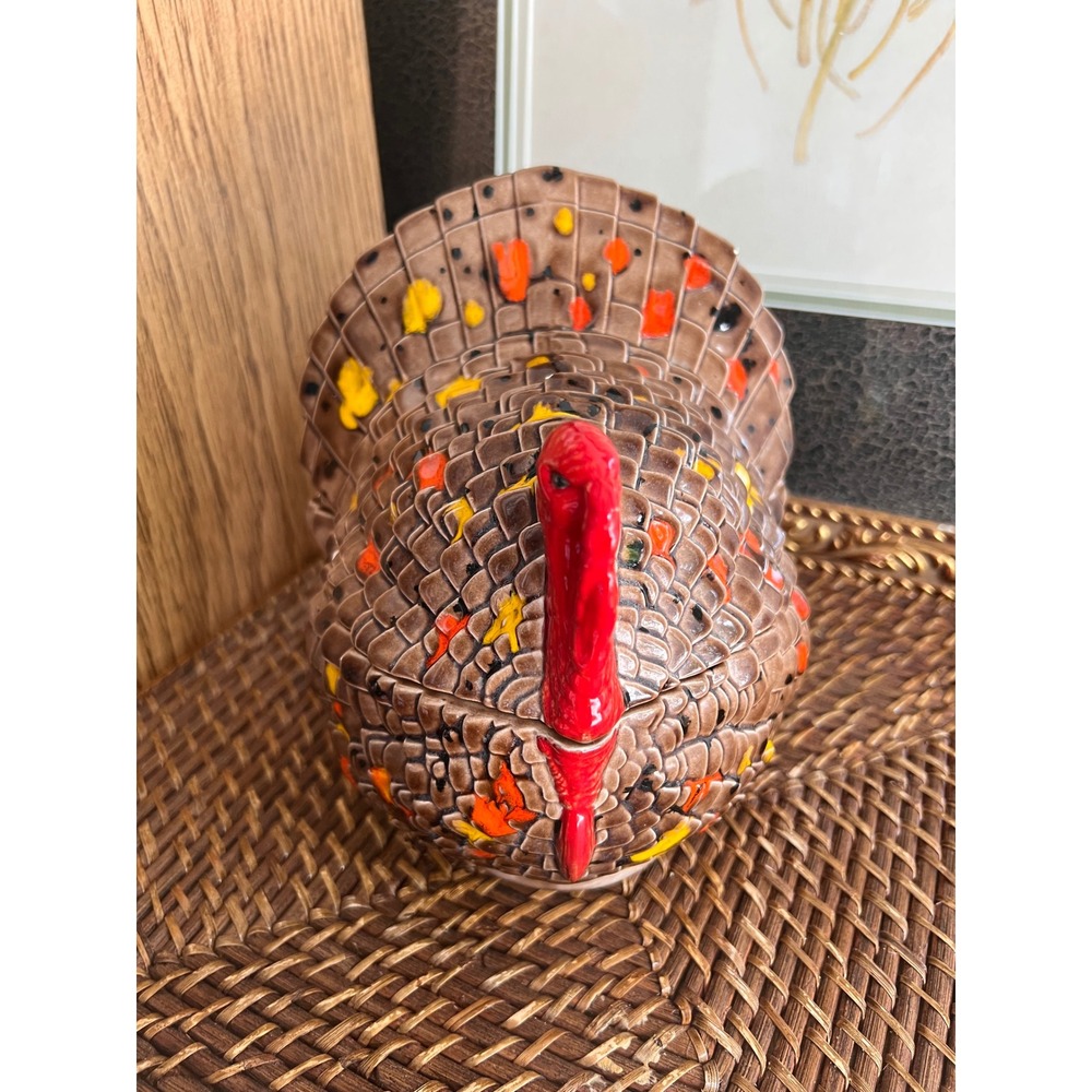Vintage Ceramic Turkey Tureen Candy Dish Thanksgiving Fall Decor Brown Orange